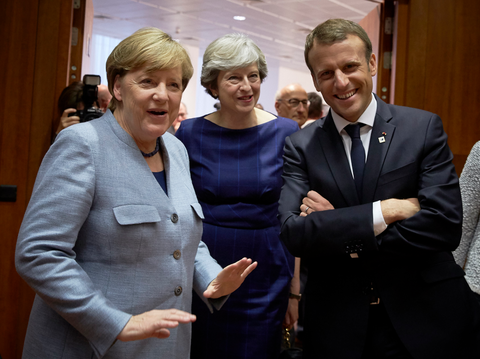 Merkel, May en Macron tijdens Europese Raad 19 oktober 2017